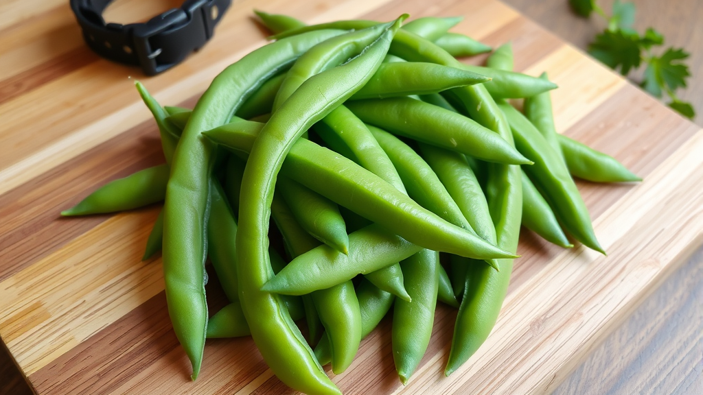 Fresh green sugar snap peas arranged on wooden cutting board with dog collar nearby, no text no words no letters