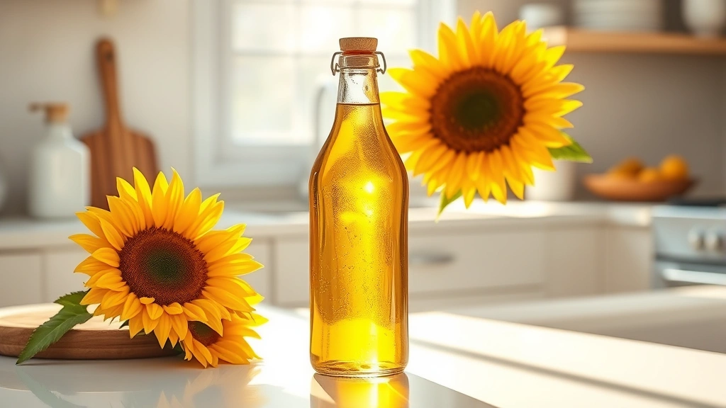 Golden sunflower oil in a clear glass bottle on a white kitchen counter, natural sunlight reflecting off the oil, photorealistic style