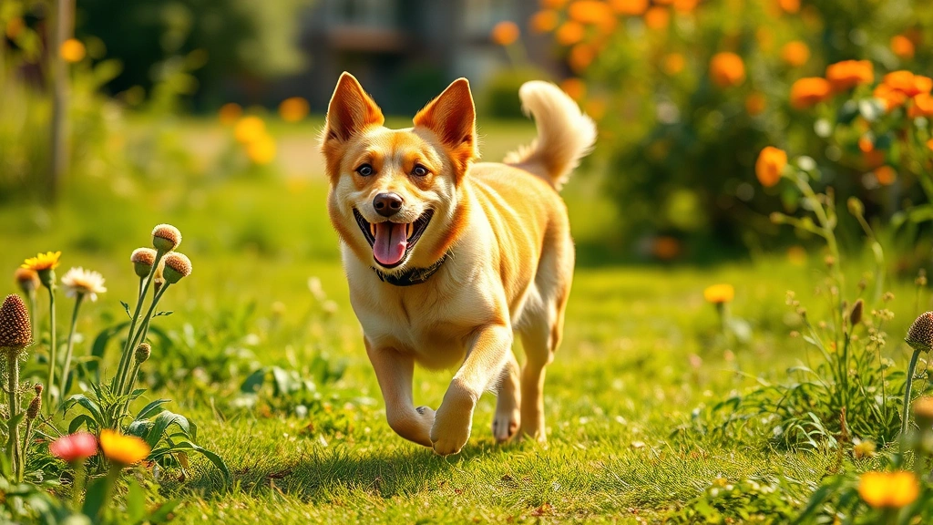 Happy healthy dog with shiny coat running through a sunny garden field, photorealistic professional pet photography style