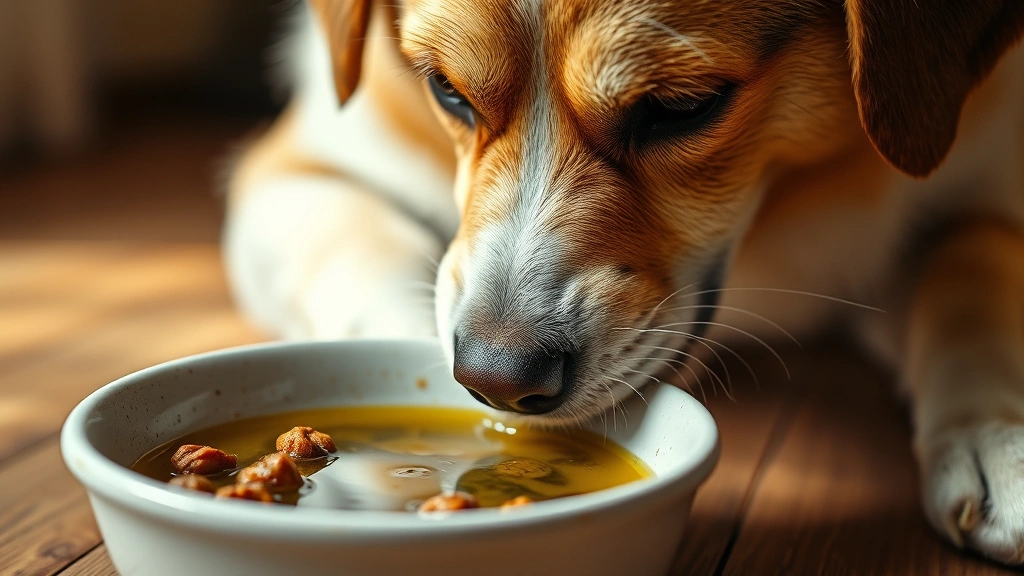 Close-up of dog eating from a ceramic bowl with food and oil mixture, warm indoor lighting, photorealistic style