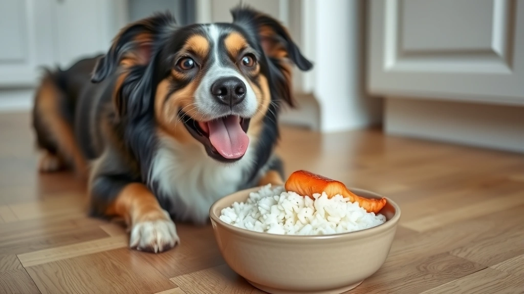 Happy dog enjoying a bowl of plain cooked white rice with a small piece of cooked salmon, healthy meal in a ceramic dog bowl on a kitchen floor