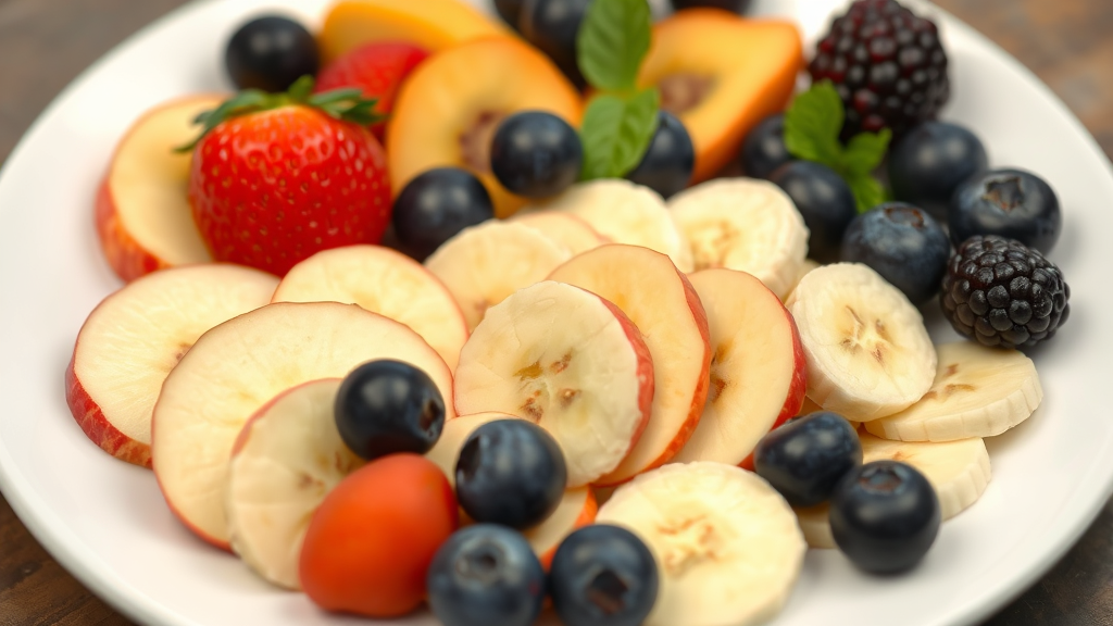 Variety of dog safe fruits including apple slices blueberries bananas arranged on plate, no text no words no letters