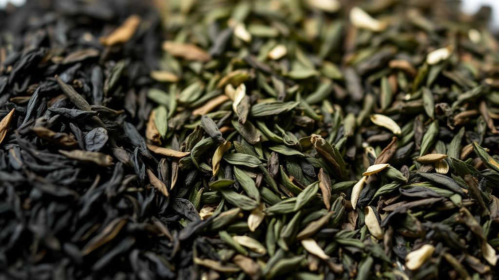 Close-up of different types of tea leaves - black, green, white tea in separate piles, natural daylight, shallow depth of field