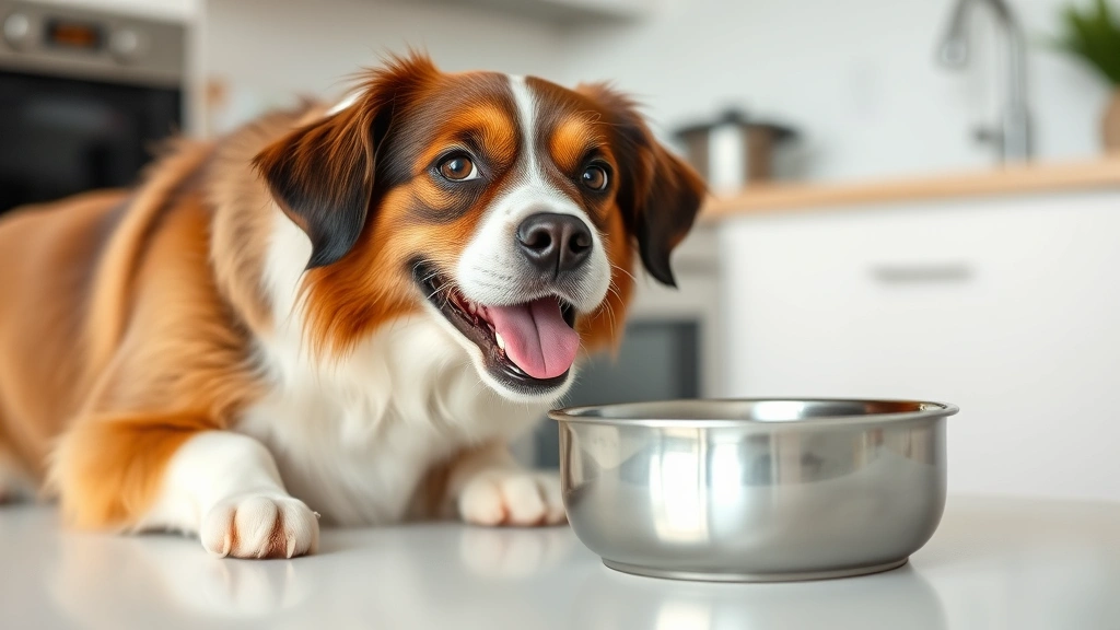 Healthy dog happily drinking fresh water from a stainless steel bowl, bright and content expression, clean modern kitchen background