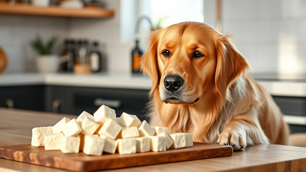 Golden retriever sitting next to white tofu cubes on wooden cutting board, natural kitchen lighting, no text no words no letters