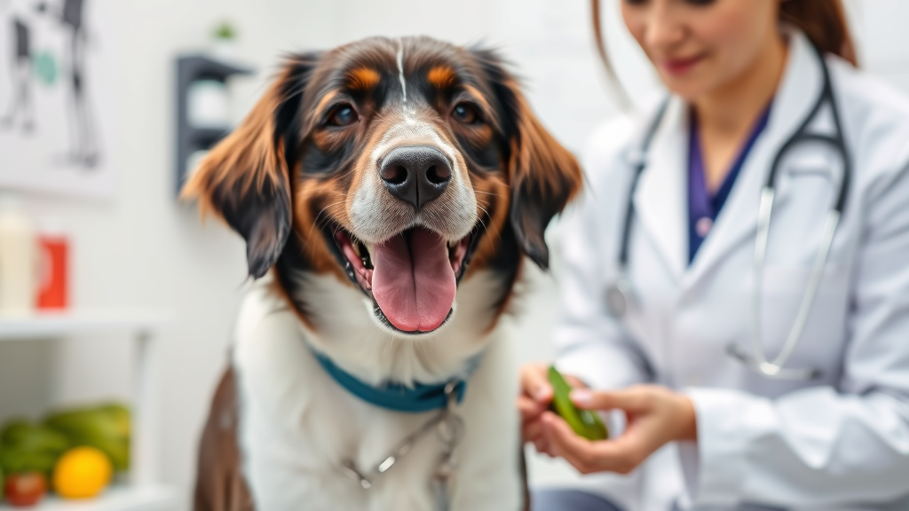 Happy dog with veterinarian in clinic examining room discussing nutrition, professional medical setting, no text no words no letters