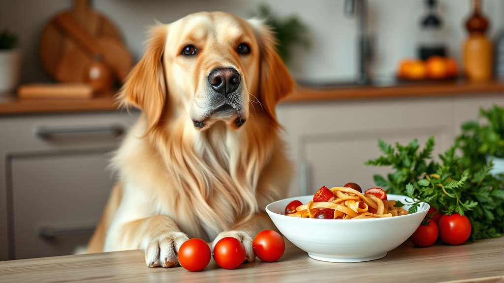 Golden retriever sitting beside bowl of fresh red tomatoes and pasta, kitchen setting, natural lighting, no text no words no letters