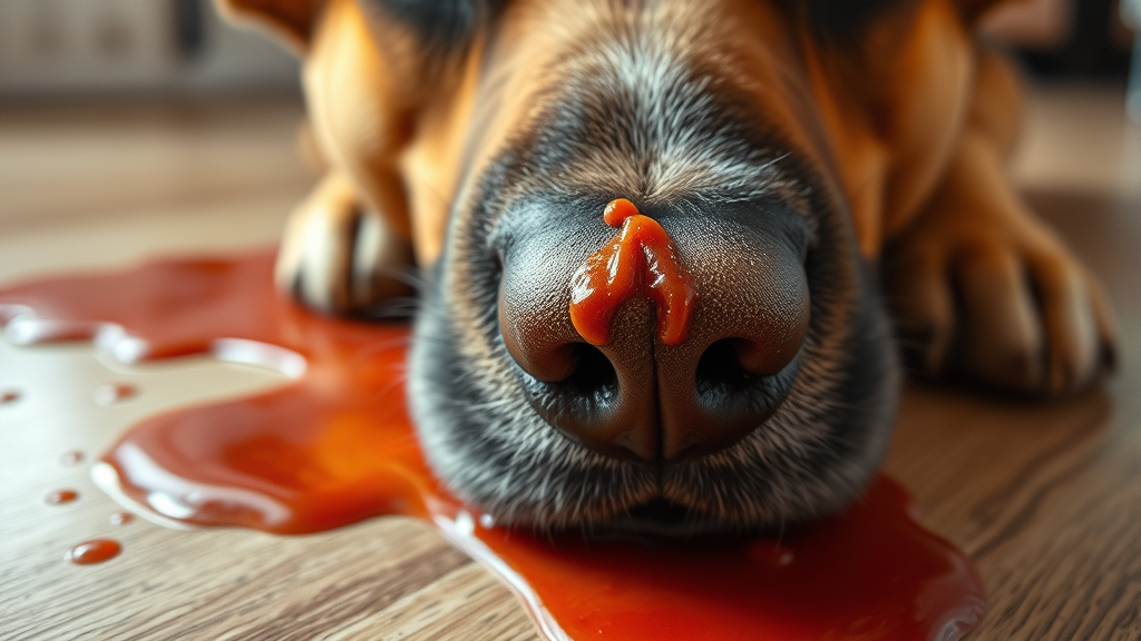 Close up of dog nose near spilled tomato sauce on kitchen floor, concerned expression, no text no words no letters