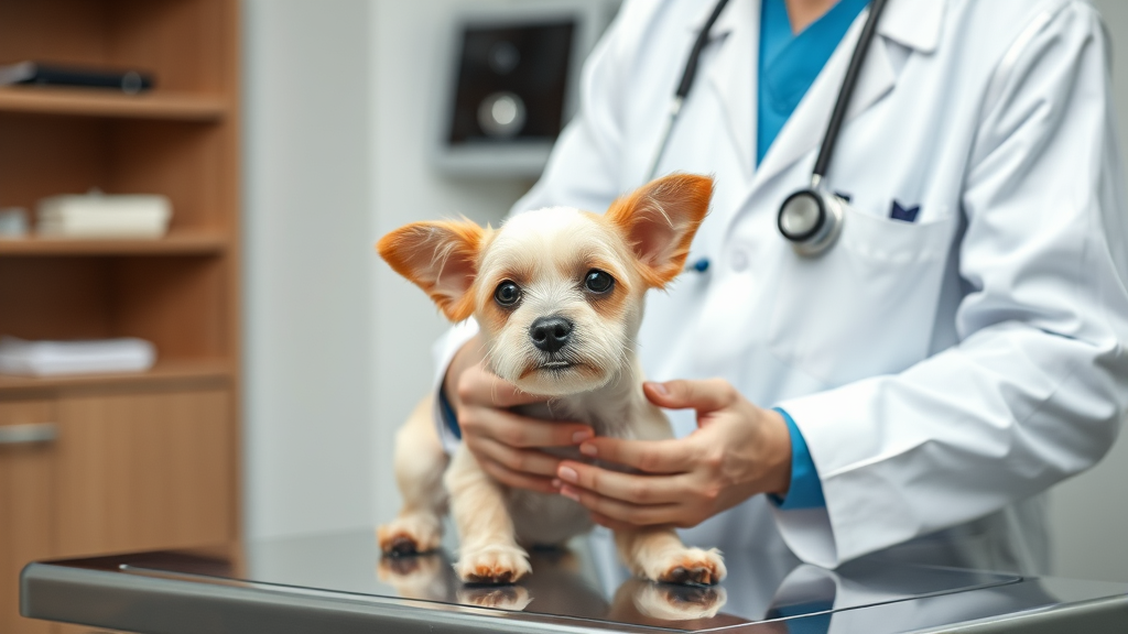 Veterinarian examining small dog on examination table, stethoscope visible, professional medical setting, no text no words no letters