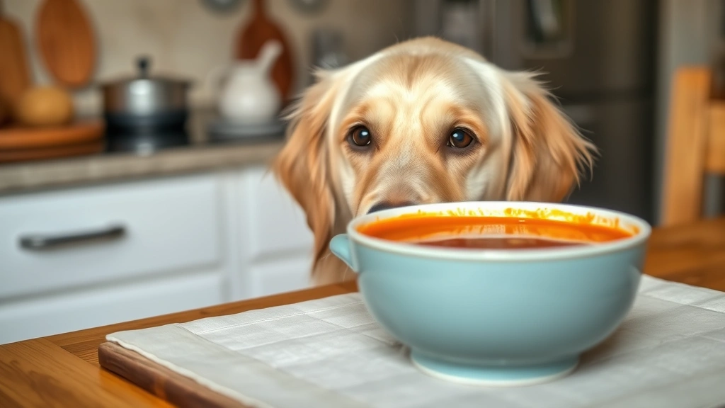 Golden retriever looking at a steaming bowl of tomato soup on a kitchen table, with concerned expression, natural lighting
