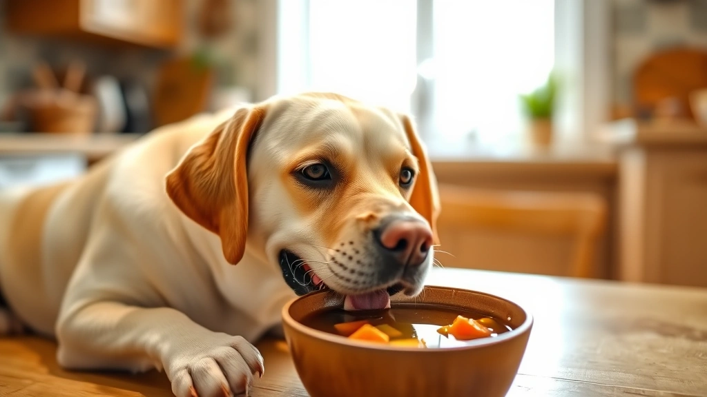 Happy Labrador dog enjoying a bowl of plain chicken broth with carrot pieces, warm cozy kitchen setting