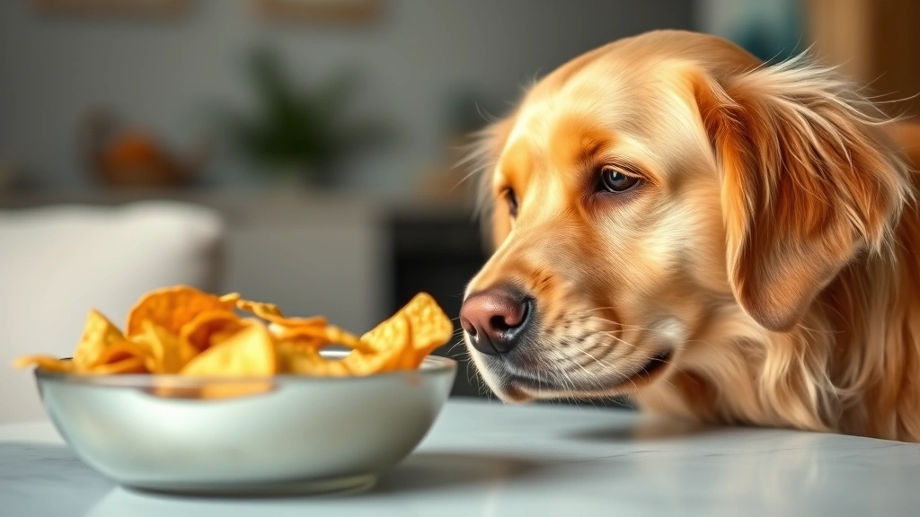 Golden Retriever dog looking at a bowl of tortilla chips on a table, curious expression, natural indoor lighting, soft focus background