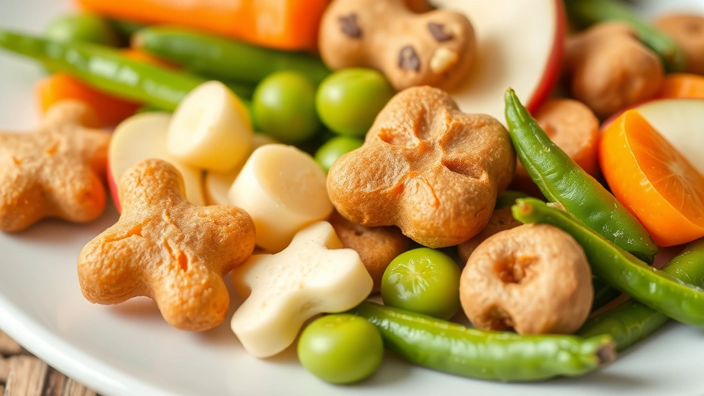 Close-up of various healthy dog treats and vegetables like carrots, apple slices, and green beans arranged on a white plate