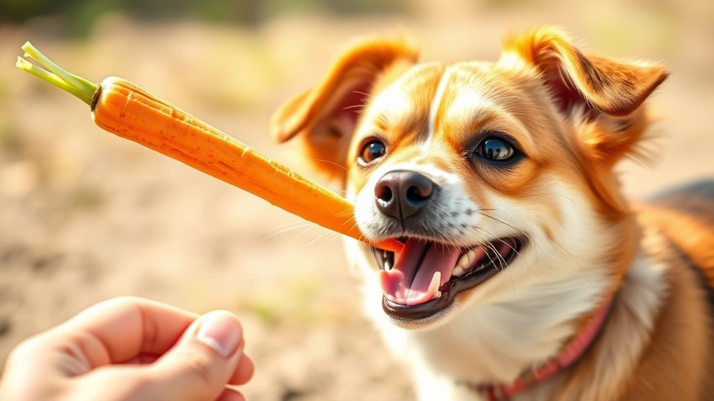 Small dog being offered a fresh carrot stick as a healthy alternative treat, happy dog expression, bright natural daylight