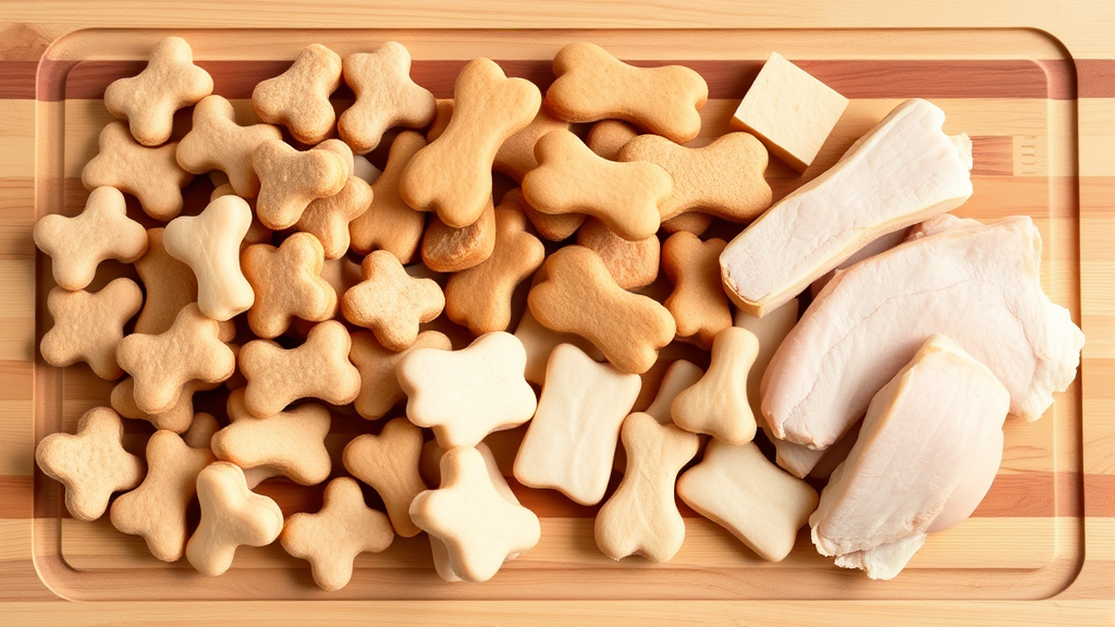Variety of dog-safe turkey treats and plain cooked turkey pieces arranged on wooden cutting board, no text, no words, no letters