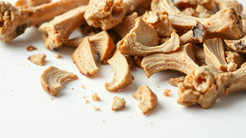 Close up of broken splintered cooked turkey bones on white background showing sharp dangerous fragments, no text no words no letters