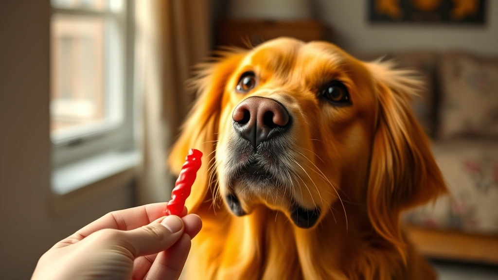A golden retriever looking up at a human's hand holding a single red Twizzler candy, photorealistic indoor lighting