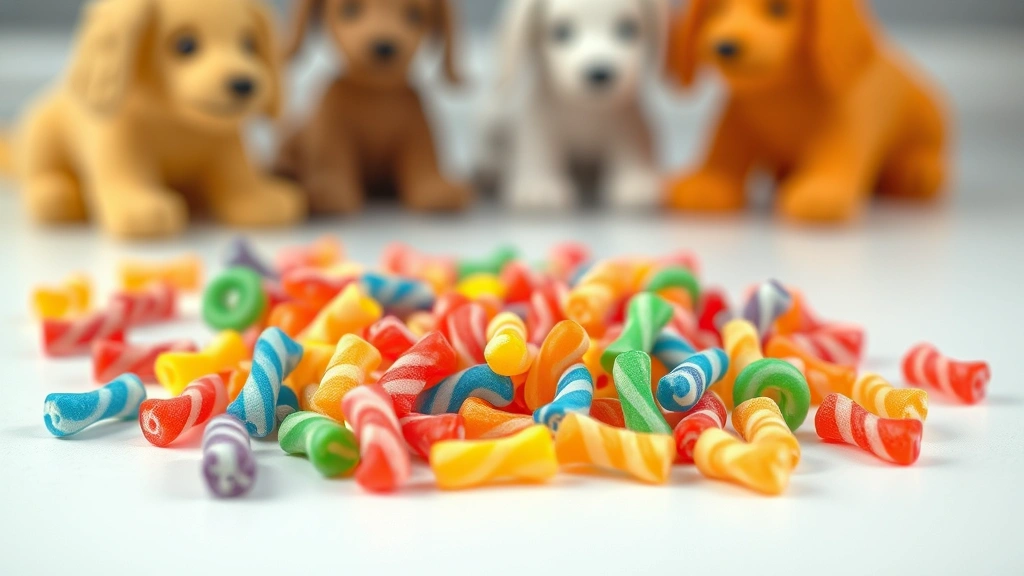 Close-up of colorful Twizzler candies scattered on a white surface with blurred dog toys in background, photorealistic style
