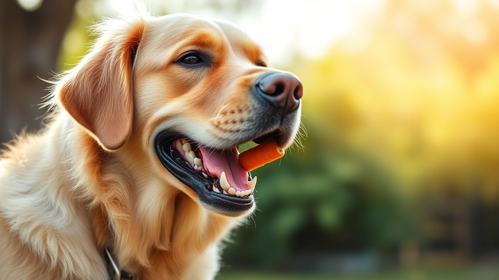 Happy golden labrador eating a crunchy carrot stick outdoors in natural sunlight, photorealistic and clear