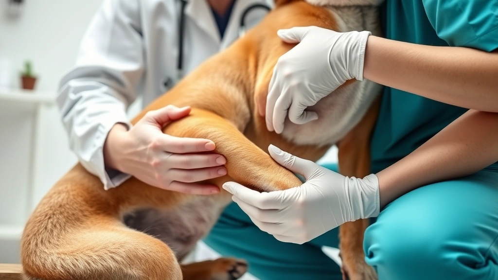 Close-up of a veterinarian examining a dog's leg and joint during a physical examination in a bright clinic
