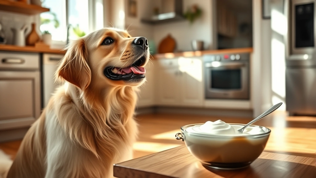 A happy golden retriever sitting on a kitchen floor looking up at a bowl of vanilla Greek yogurt on a counter, bright natural lighting, warm home setting