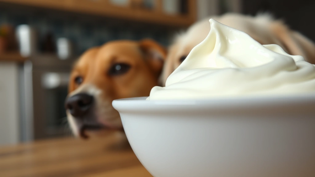 Close-up of creamy vanilla Greek yogurt in a white bowl with a dog's nose approaching curiously from the side, shallow depth of field, cozy kitchen background