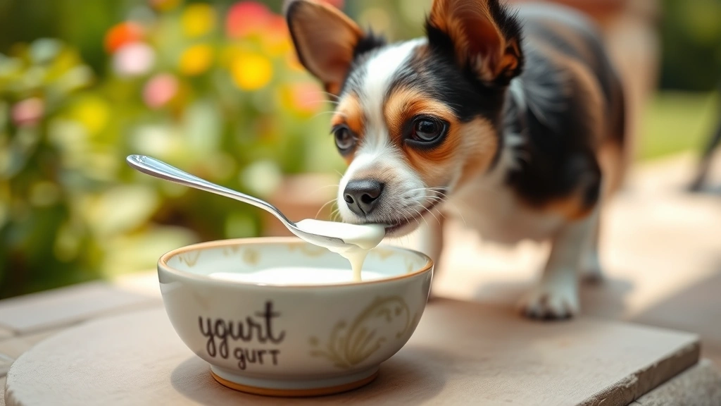 A small terrier enjoying a tiny spoonful of plain Greek yogurt from a dog-safe ceramic bowl outdoors on a sunny patio, blurred garden background
