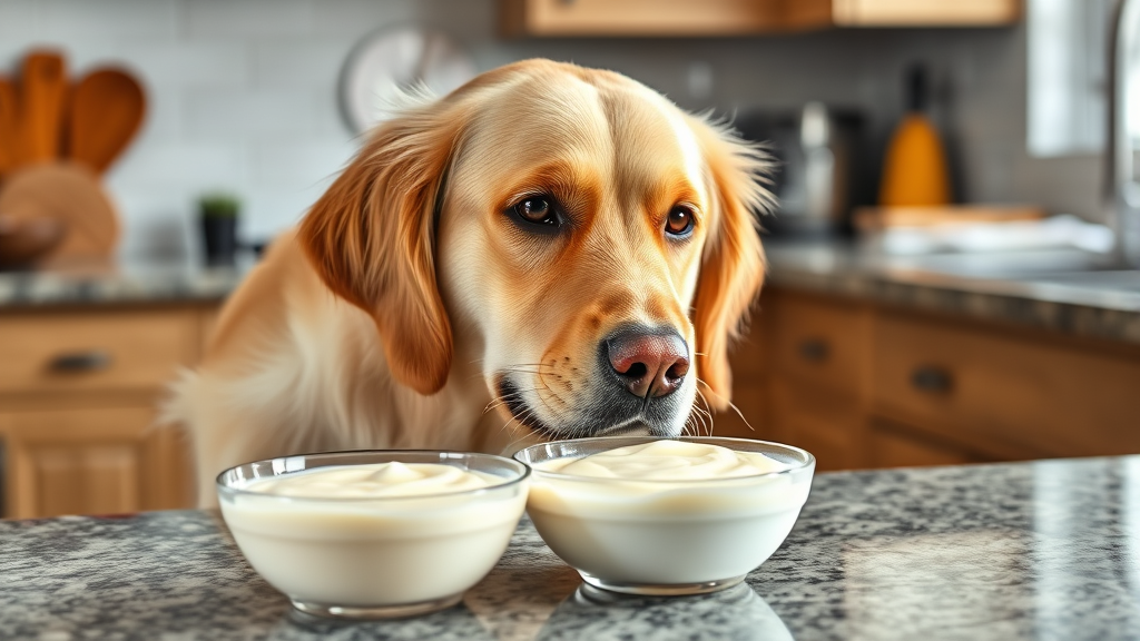 Golden retriever looking curiously at bowl of creamy vanilla yogurt on kitchen counter no text no words no letters