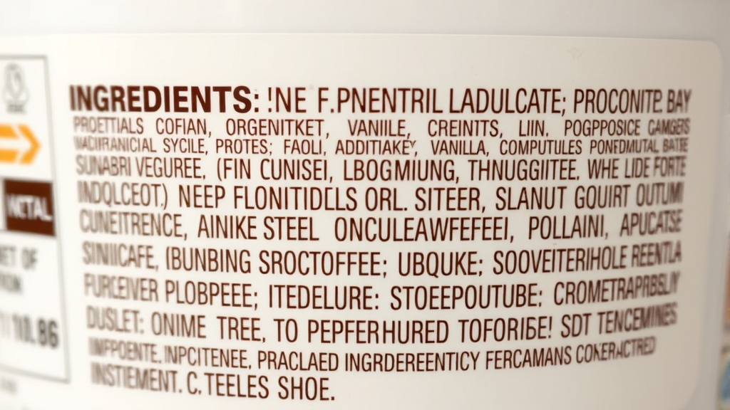 Close up of vanilla yogurt ingredients label showing various additives and sweeteners no text no words no letters