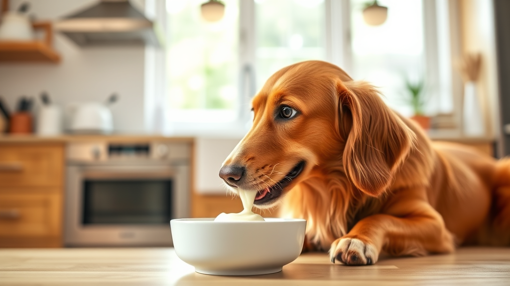 Happy healthy dog enjoying plain yogurt treat from ceramic bowl in bright kitchen no text no words no letters