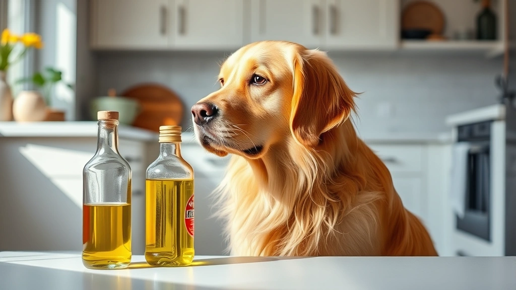A golden retriever sitting attentively in a bright kitchen, looking at a bottle of vegetable oil on the counter, curious expression, natural lighting