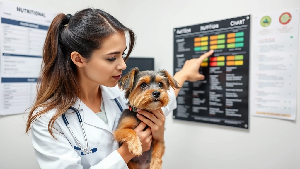 A veterinarian in a white coat holding a small dog during a consultation, examining the dog while pointing to a nutritional chart on the wall, professional medical setting