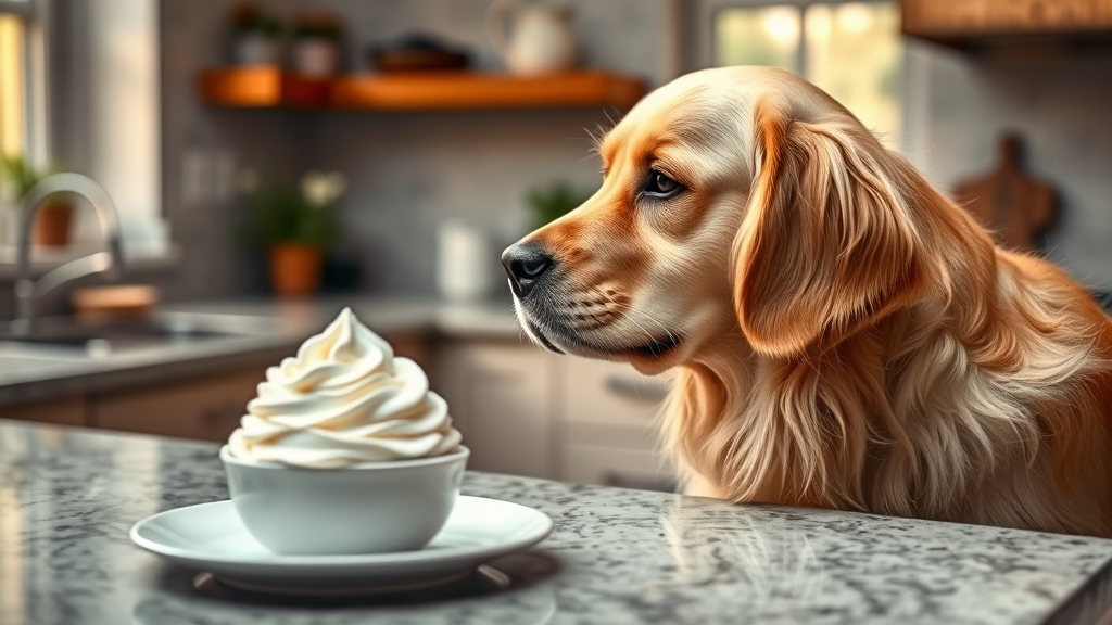 Golden retriever looking longingly at whipped cream dessert on kitchen counter, warm lighting, cozy home setting, no text no words no letters