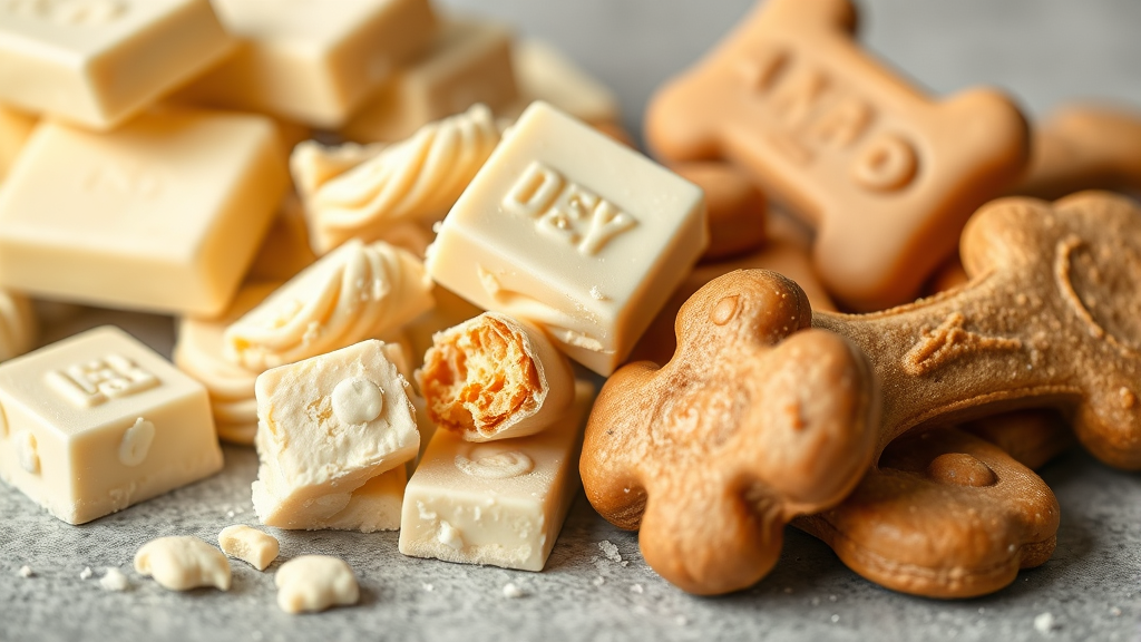 Close up of white chocolate pieces next to dog treats showing size comparison, natural lighting, no text no words no letters