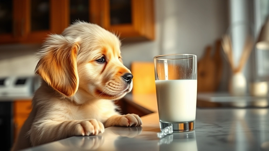 Golden Retriever puppy looking at a glass of milk on a kitchen counter, curious expression, natural lighting, warm home setting