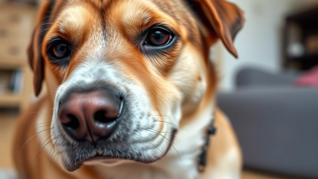 Close-up of a dog's face showing discomfort or digestive upset, sad expression, realistic photographic style, indoor background