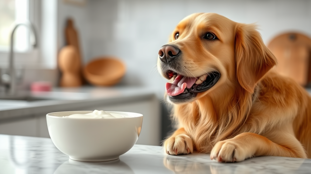 Happy golden retriever sitting next to bowl of plain white yogurt on kitchen counter, natural lighting, no text no words no letters