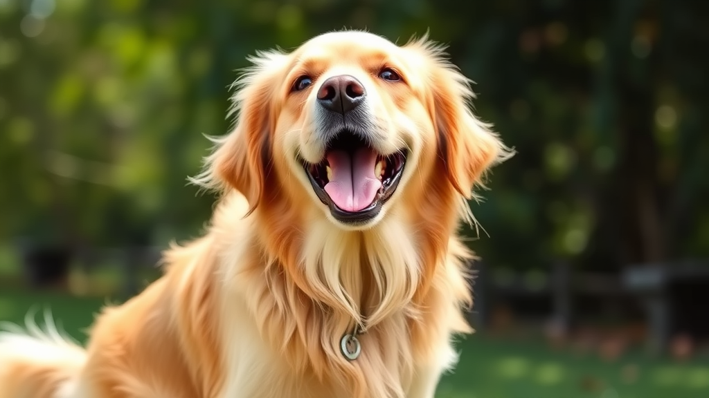 Happy golden retriever dog playing outdoors with mouth open in joyful expression, no text no words no letters