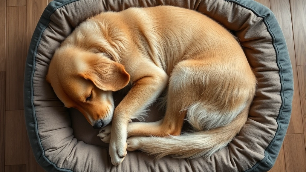Golden Retriever sleeping in a tight loaf position on a comfortable dog bed, photographed from above showing the curled posture