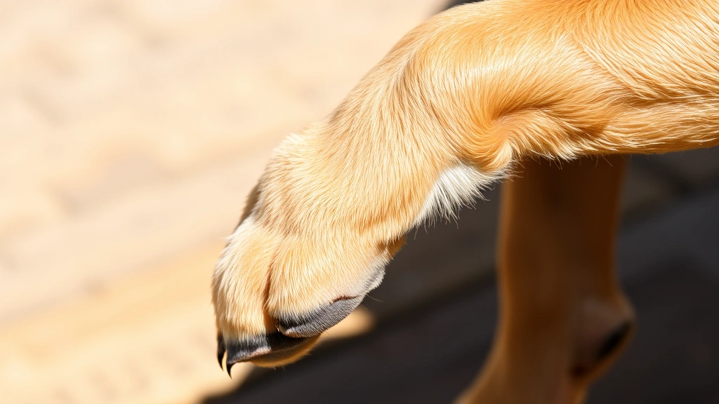 Close-up of a dog's hind leg with paw extended, showing muscle definition and anatomical structure in natural lighting