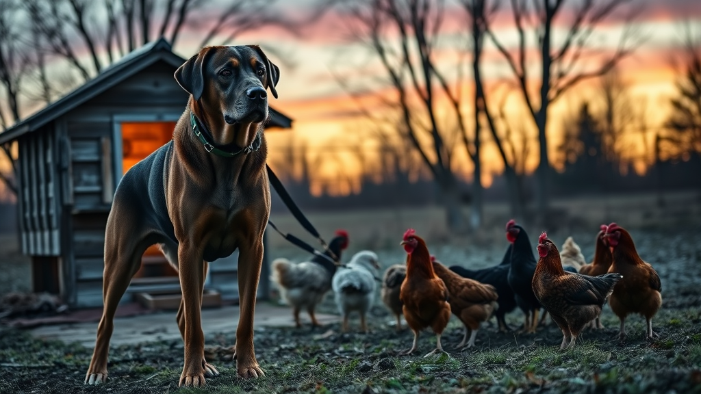Large guardian dog standing alert next to chicken coop at dusk protecting flock from predators, no text no words no letters