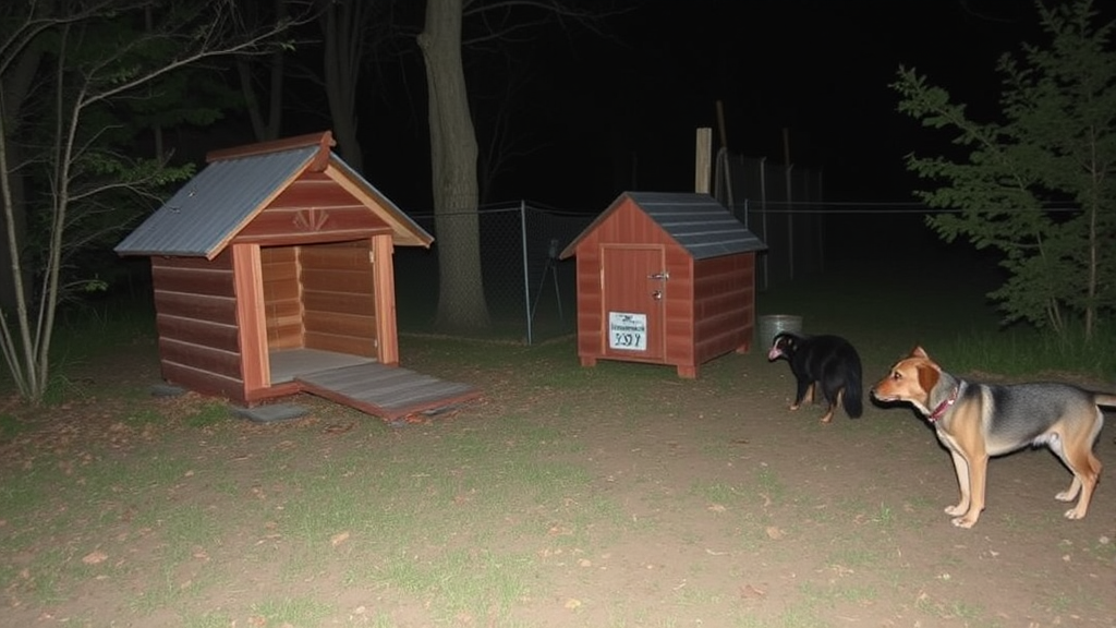 Opossum approaching chicken coop at night while protective dog patrols nearby property perimeter, no text no words no letters