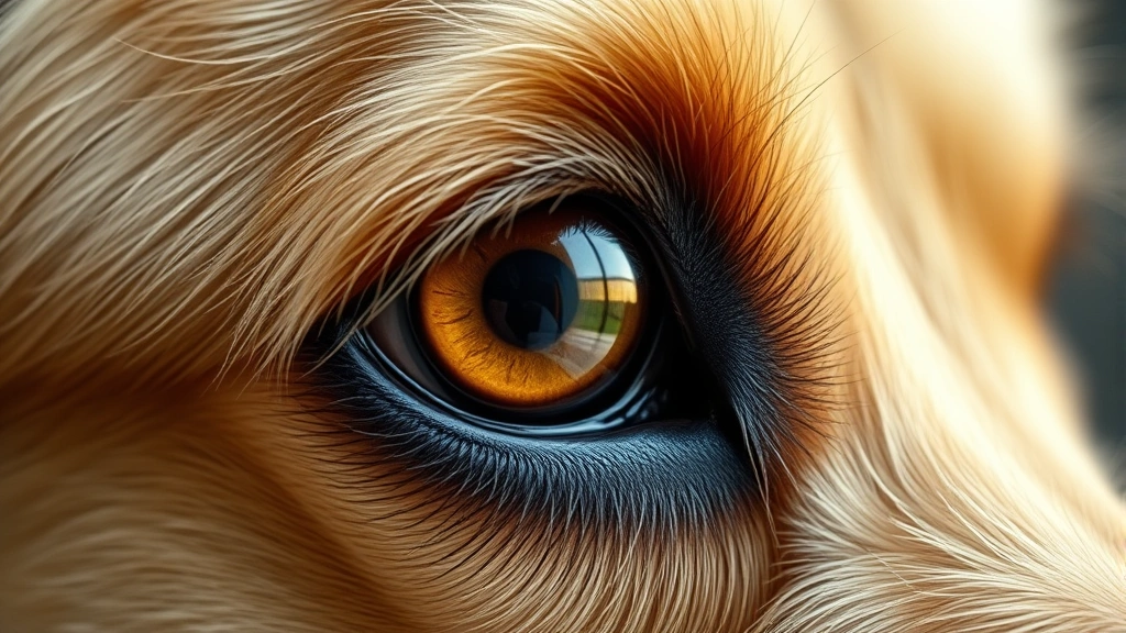 Close-up of a golden retriever's eye showing the reflective layer, professional veterinary photography style, sharp focus on iris and pupil detail