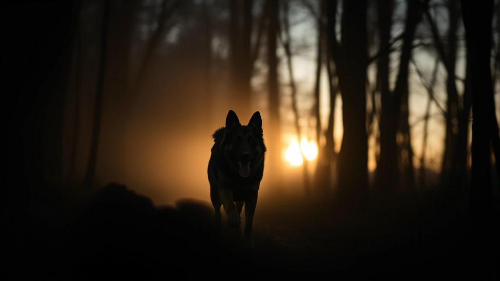 German Shepherd dog navigating a dimly lit forest at dusk, silhouetted against fading twilight, alert expression capturing movement through low light