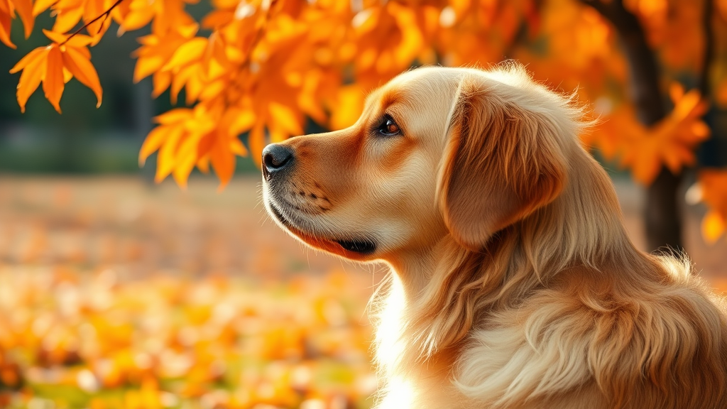 Golden retriever looking at bright orange autumn leaves outdoors, warm natural lighting, no text no words no letters