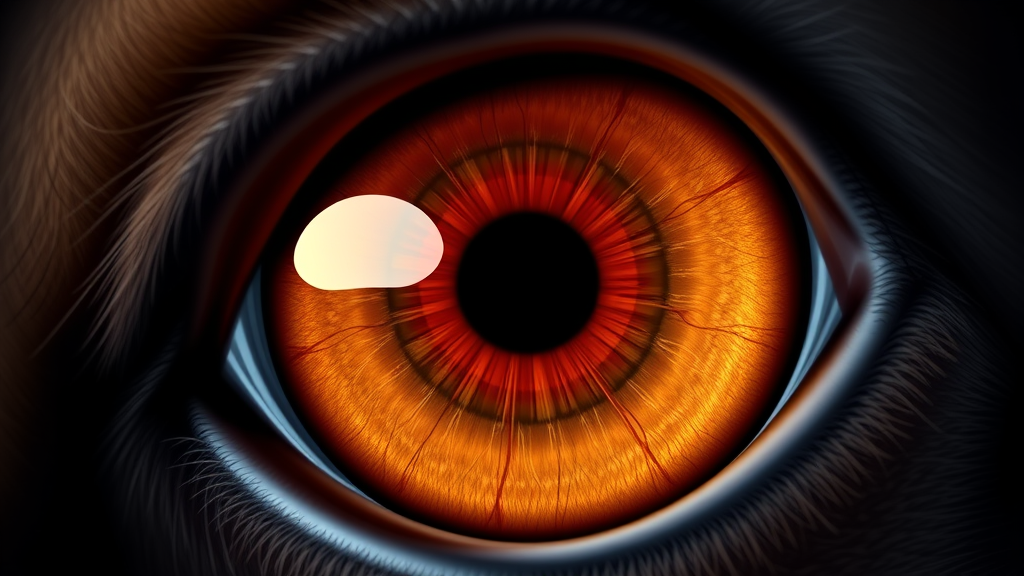 Close-up of dog eye structure showing retina and cone cells, scientific illustration style, no text no words no letters