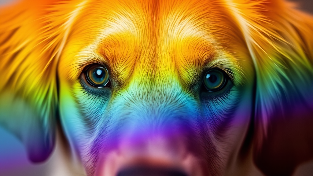 Close up golden retriever dog eyes looking directly at camera with colorful rainbow spectrum reflection, no text no words no letters