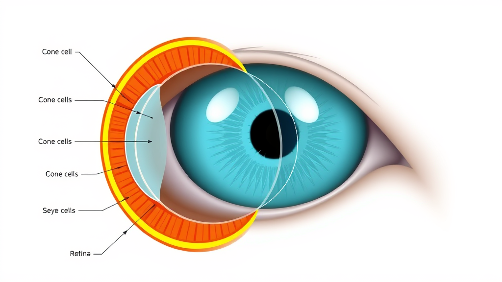 Scientific diagram showing dog eye anatomy with cone cells and retina structure in cross section view, no text no words no letters