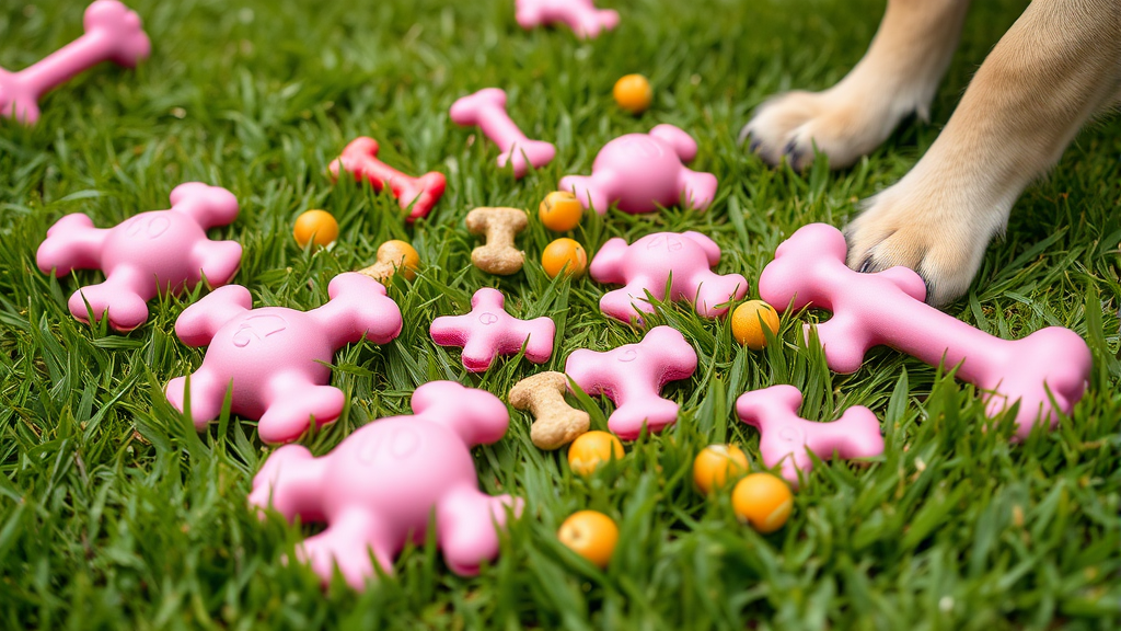 Pink colored dog toys and treats scattered on grass with dog paws reaching toward them, no text no words no letters