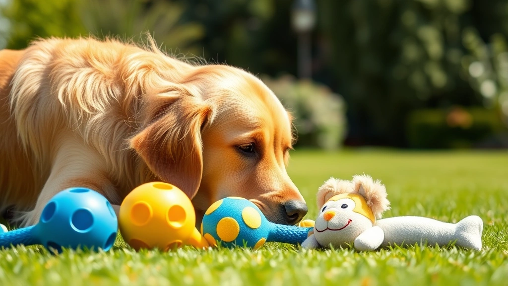 Golden retriever looking at colorful dog toys in blue, yellow, and gray tones on a sunny grassy lawn